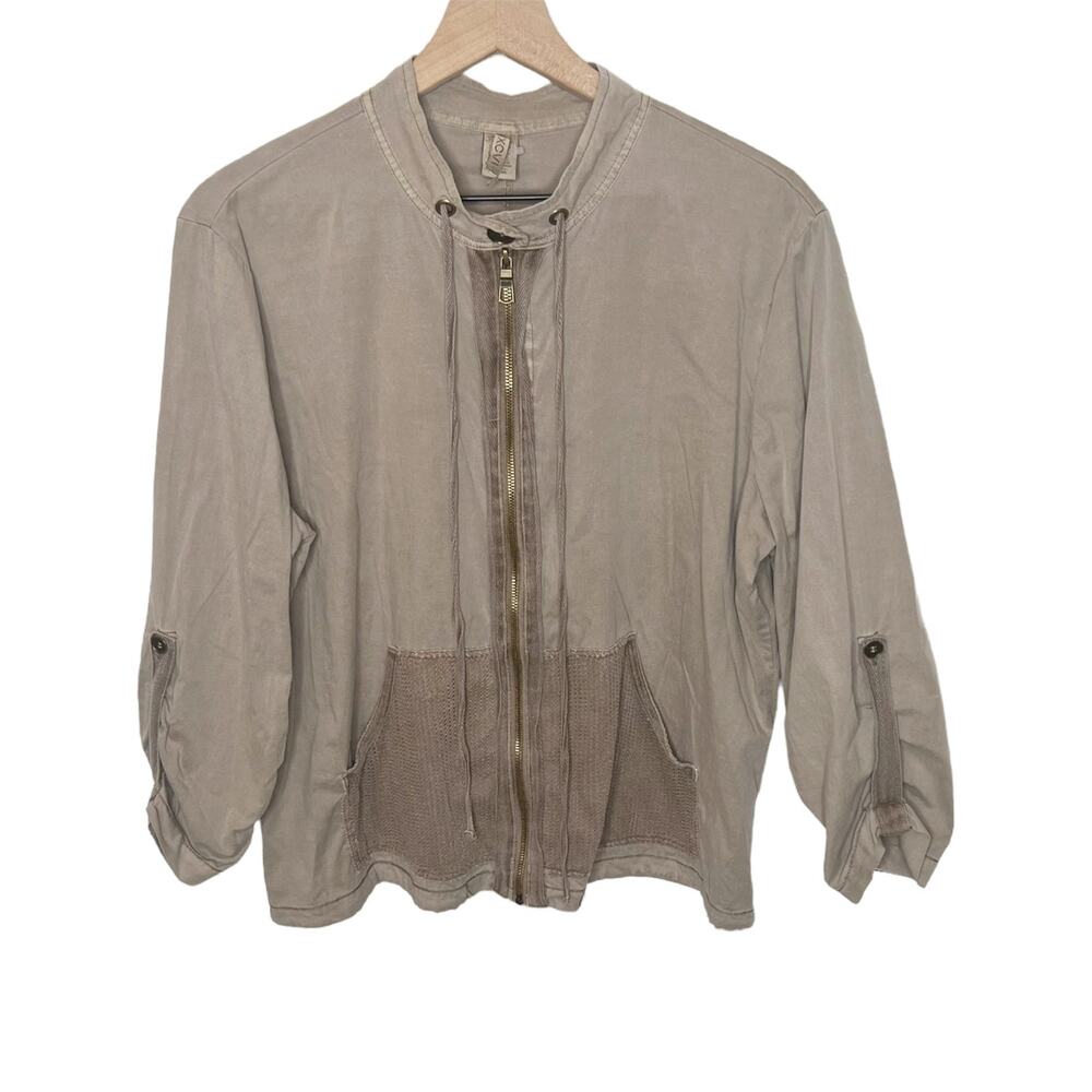 XCVI Women's Lightweight Cropped Cotton Jacket Lagenlook Minimalist Tan Large